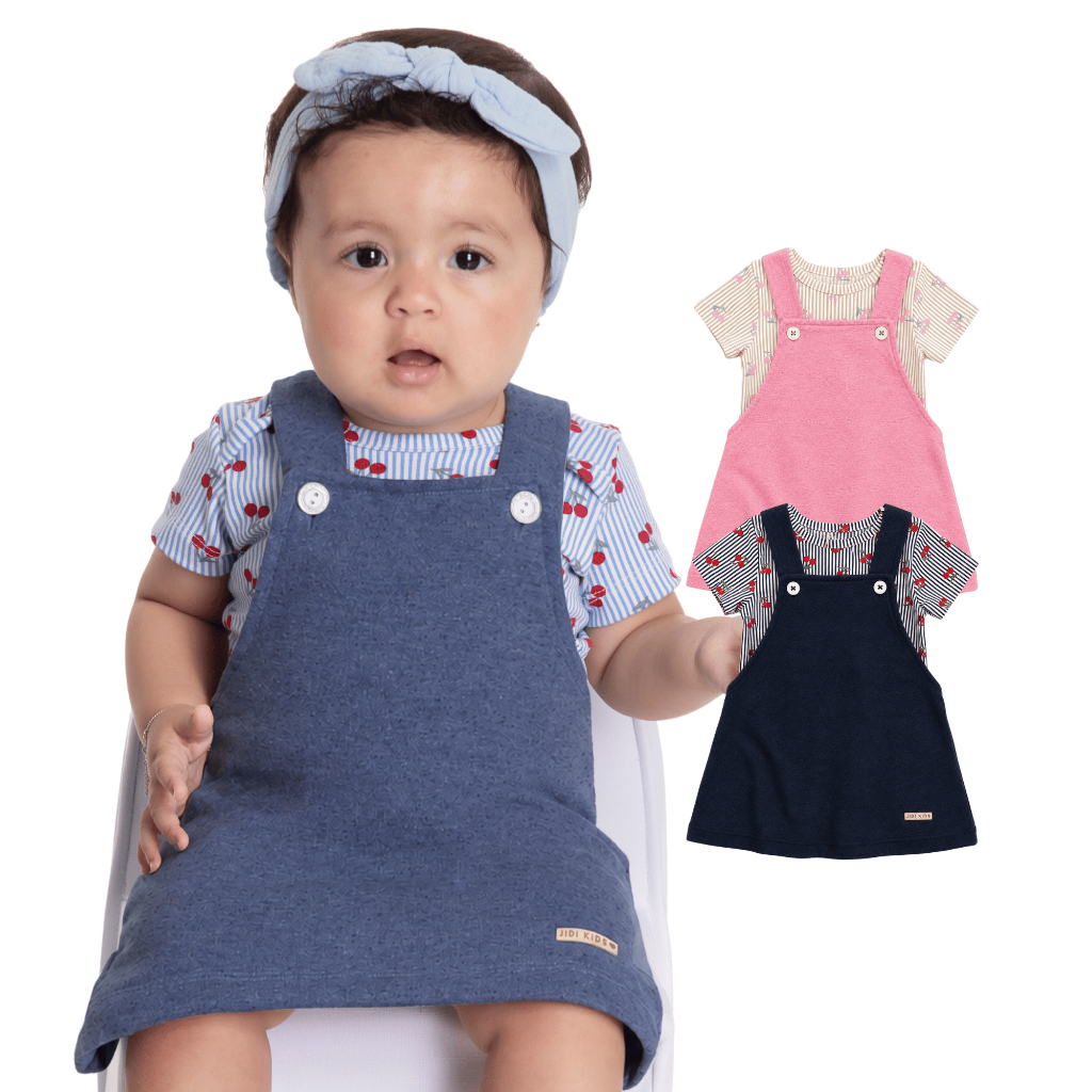 Conjunto Bebê Feminino Body Cotton Salopete Jardineira de Moletinho Tamanhos P M G