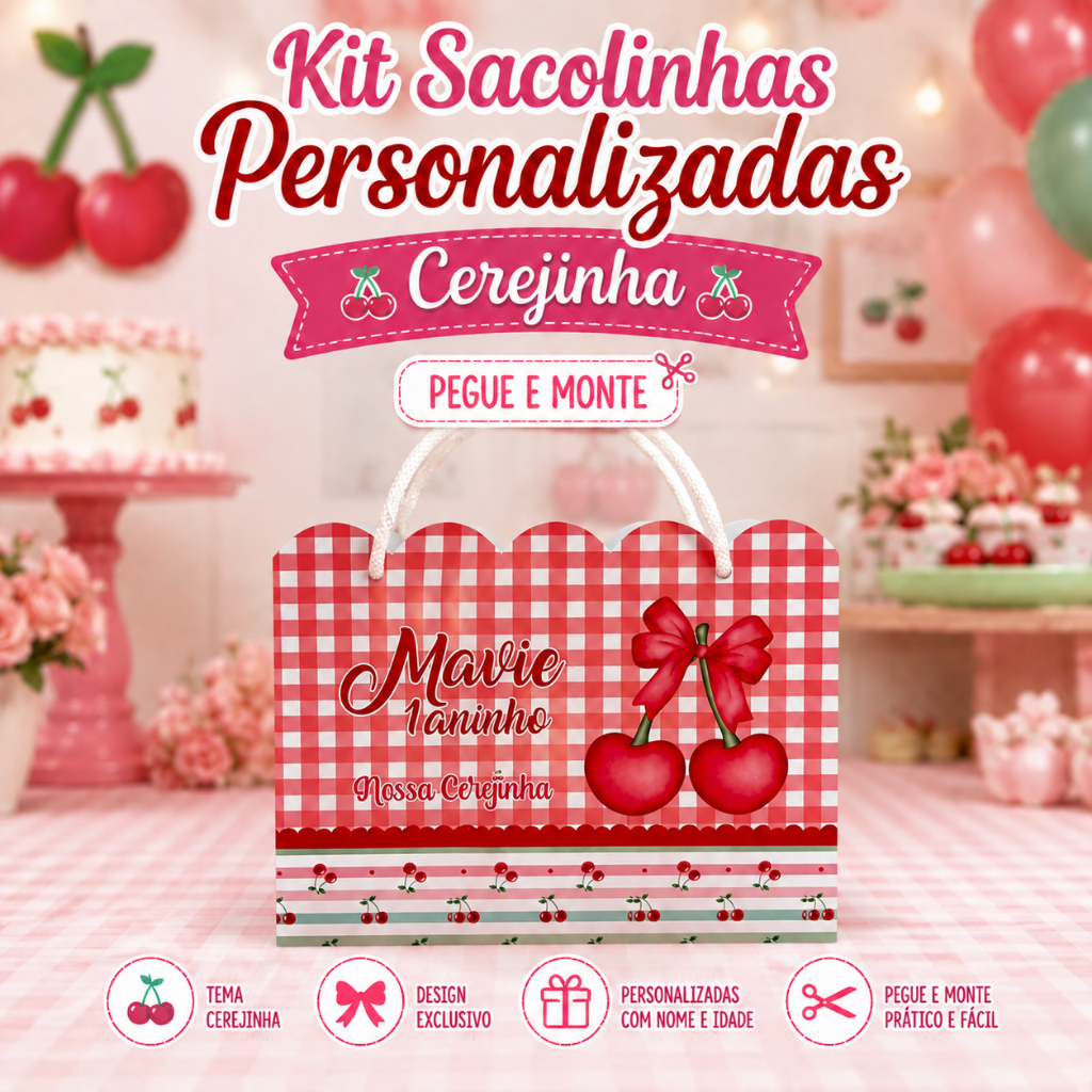 Sacolinha Personalizada CEREJINHA VERMELHA Infantil Lembrancinha Aniversário com Nome e Idade Festa