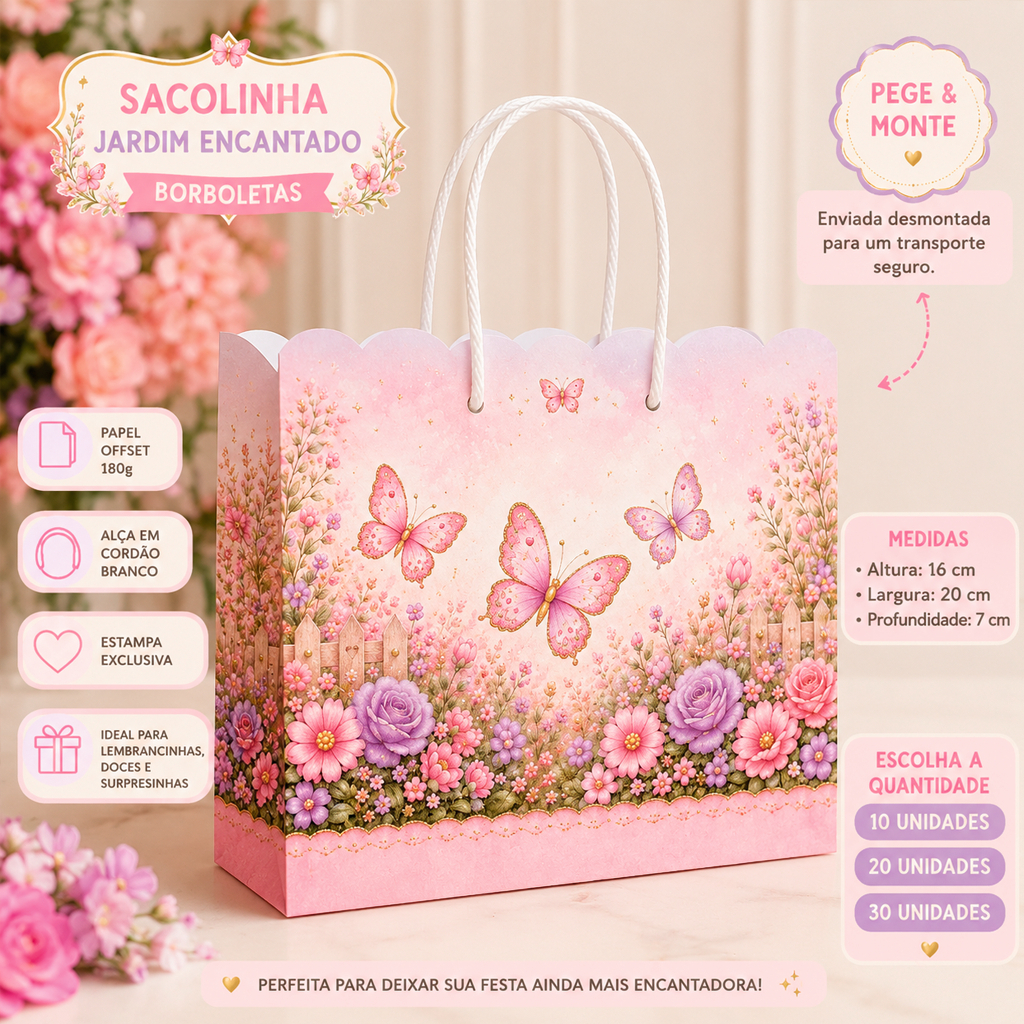 Sacolinha Surpresa Jardim Encantado Borboletas | Sacola Lembrancinha Festa Infantil Rosa e Lilás