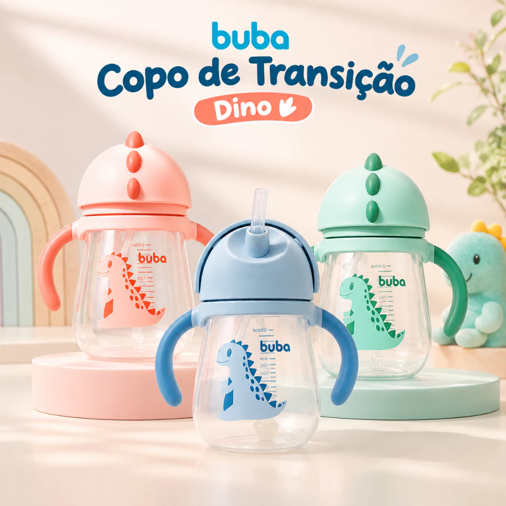 Copo Transição Dino Para Bebe Criança Com Canudo Silicone Treinamento Valvula Buba