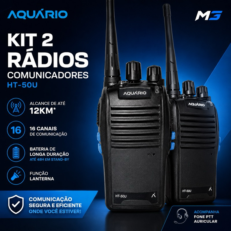 Rádio Comunicador Aquário HT-50U Kit 2 Unidades Walkie Talkie UHF 16 Canais Até 12km