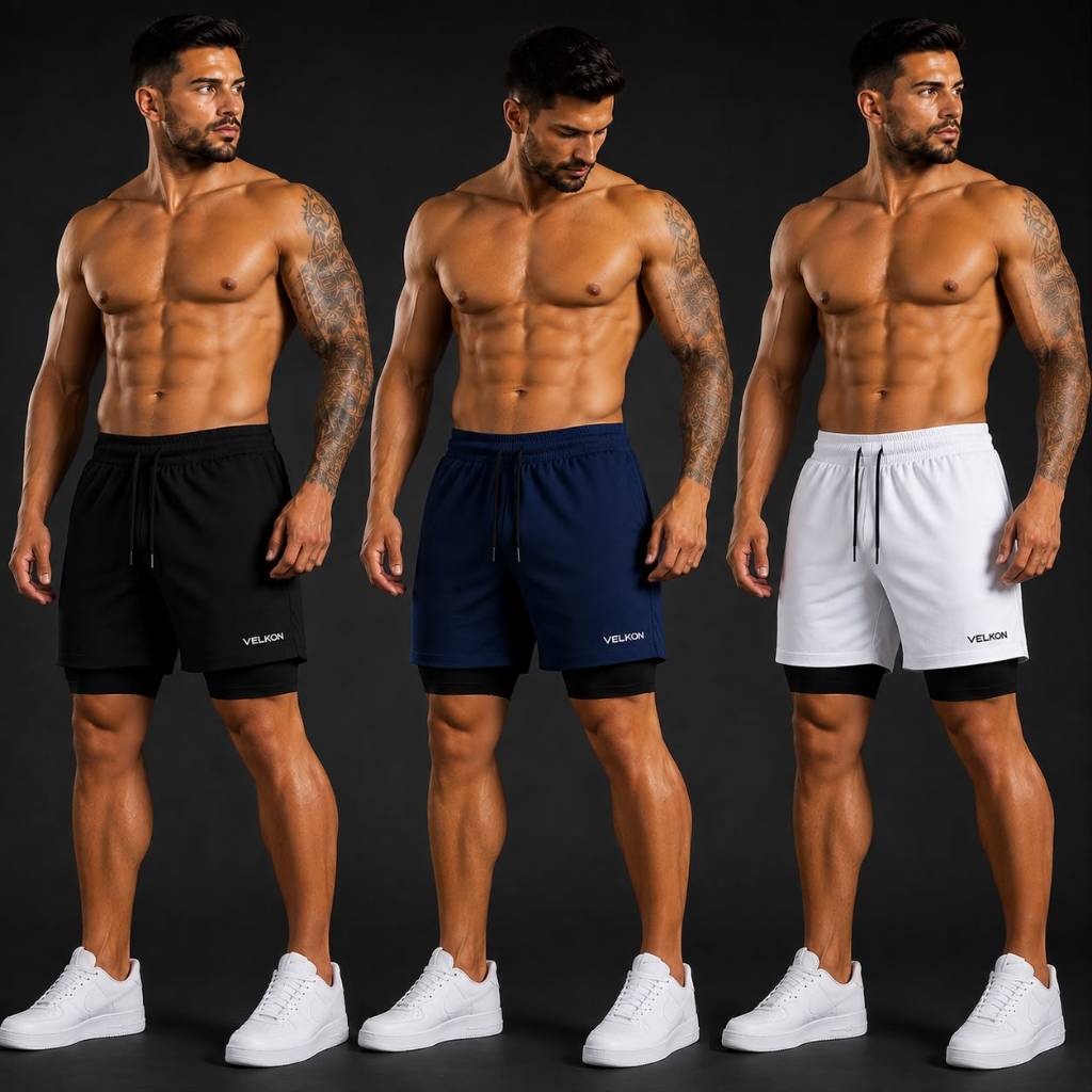 Kit 3 Shorts 2 em 1 Masculino Bermuda Compressão Dry Fit com Bolso Academia Treino Corrida VELKON