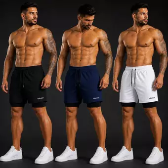 Kit 3 Shorts 2 em 1 Masculino Bermuda Compressão Dry Fit com Bolso Academia Treino Corrida VELKON