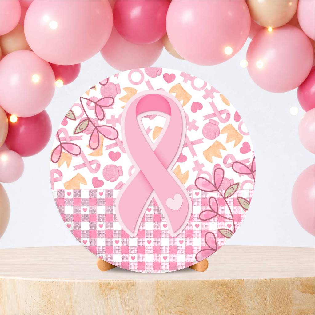 Painel Redondo Decoração Festa na Mesa Tema Campanha Outubro Rosa Tecido Sublimado Capa C/Elástico Veste Fácil 50X50cm