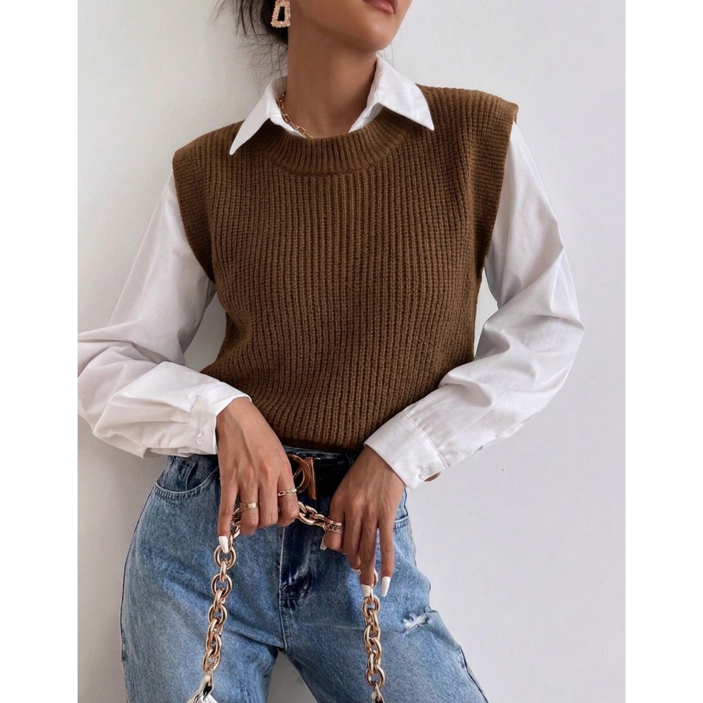 Colete Feminino Tricot Sem Manga Elegante Social Outono Inverno