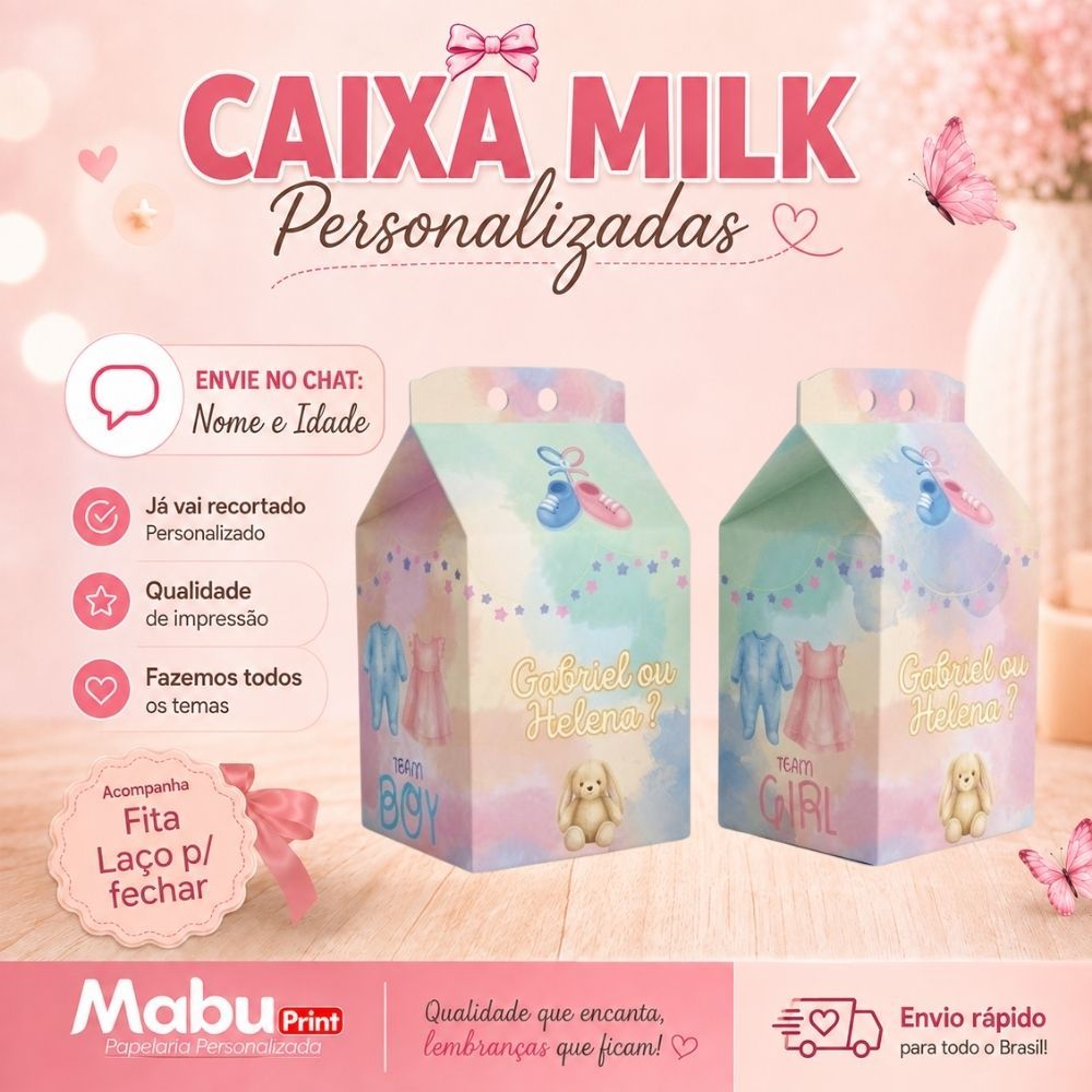 Kit Caixinhas Milk Personalizada Com Nome Tema CHÁ REVELAÇÃO Personalizada Lembrancinhas de Festa