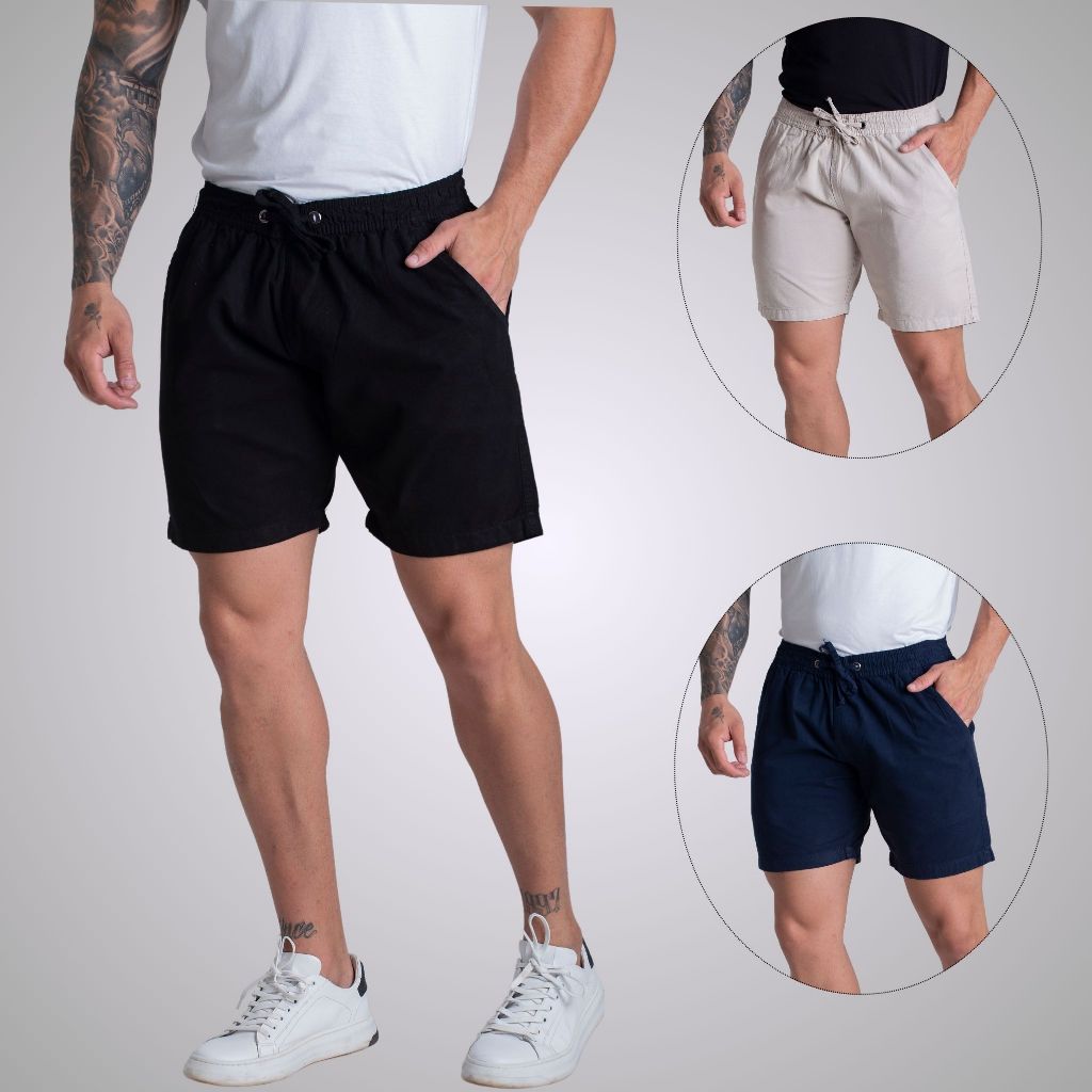 Kit 3 Short Sarja Brim Masculino Bermuda Curta Mauricinho Premium
