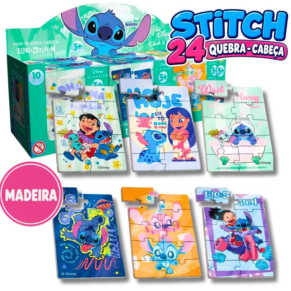 Kit 6/12/18/24 Jogos Quebra Cabeça Infantil Stitch Em Madeira Lilo E Stitch Lembrancinha De Festa Aniversário