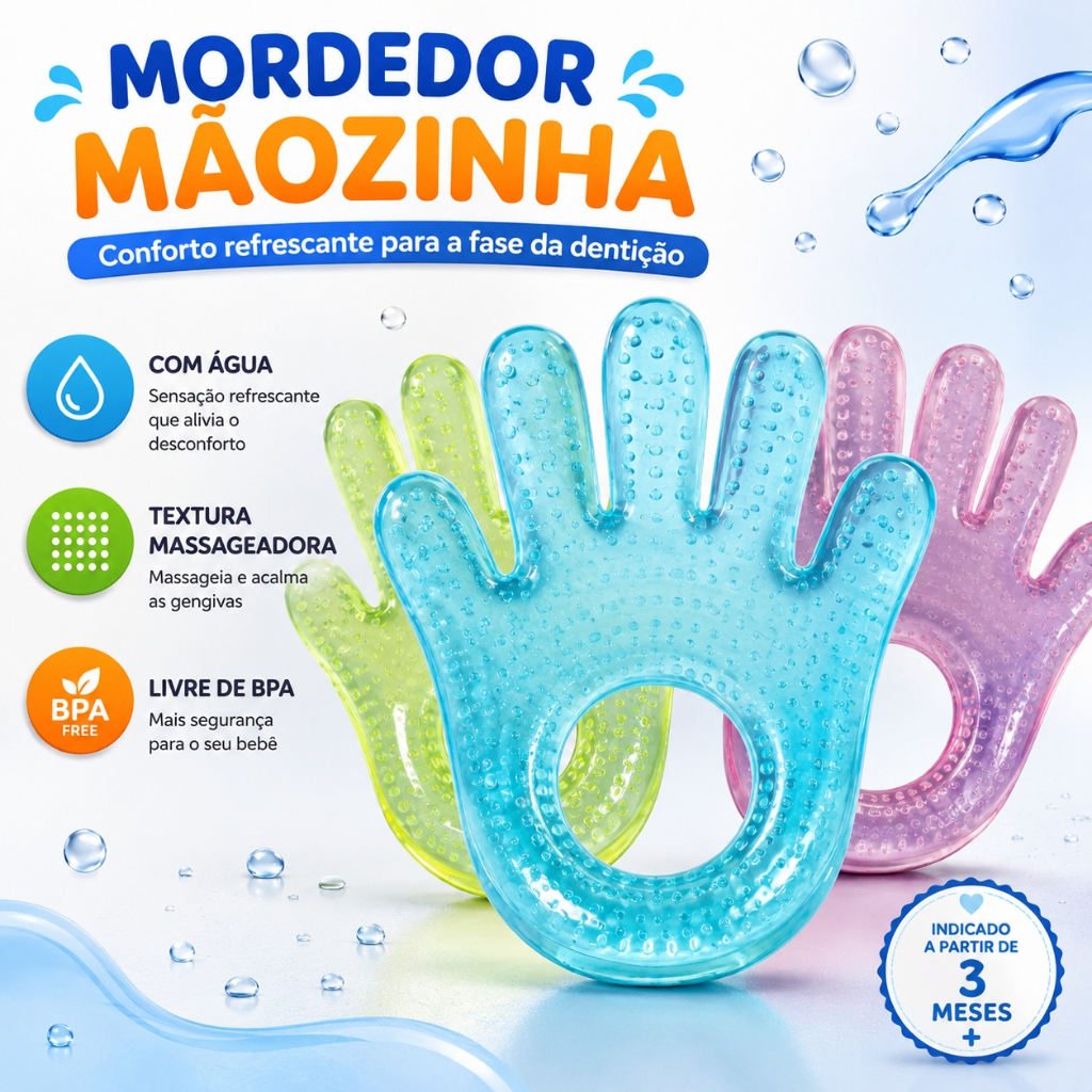 Mordedor Bebê Mãozinha com Água Gelado Massageador de Gengiva Alívio Dentição Macio Livre de BPA 3 Meses+