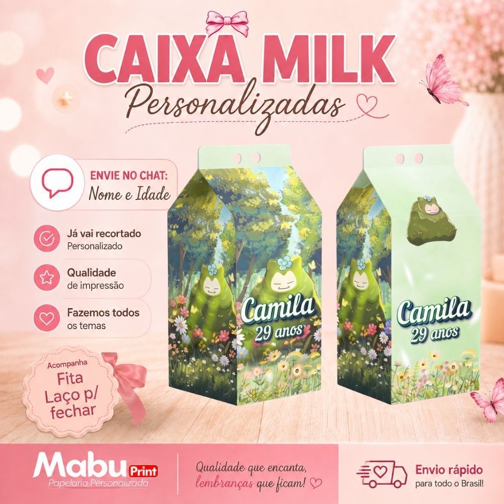 Kit Caixinhas Milk Personalizada Com Nome Tema MOSSLAX(POKEMON)Personalizada Lembrancinhas de Festa - Caixa Milk