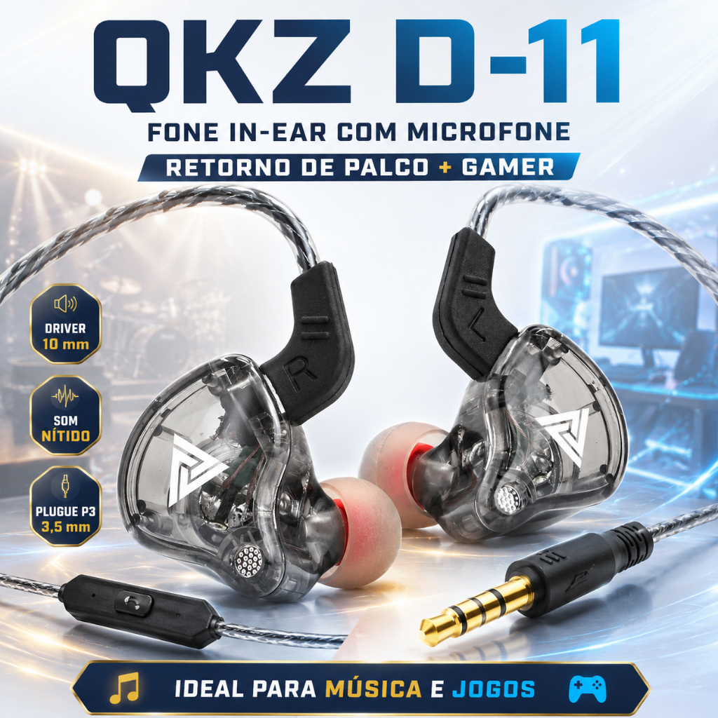 Fone Ouvido In-Ear P3 QKZ Com Microfone Retorno Palco Celular Gamer Ps4 Ps5 Xbox Séries S X Cancelamento de Ruído Passiv