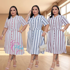 Vestido Midi Chemise Duna Listrado, Feminino Plus Size Manga Curta com Cinto Incluso Evangélico Elegante