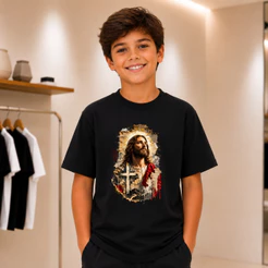 Camiseta Infantil Jesus Cristo Cristã Religiosa 100% Algodão Menino Menina Juvenil Manga Curta Gola Careca Estampa Fé