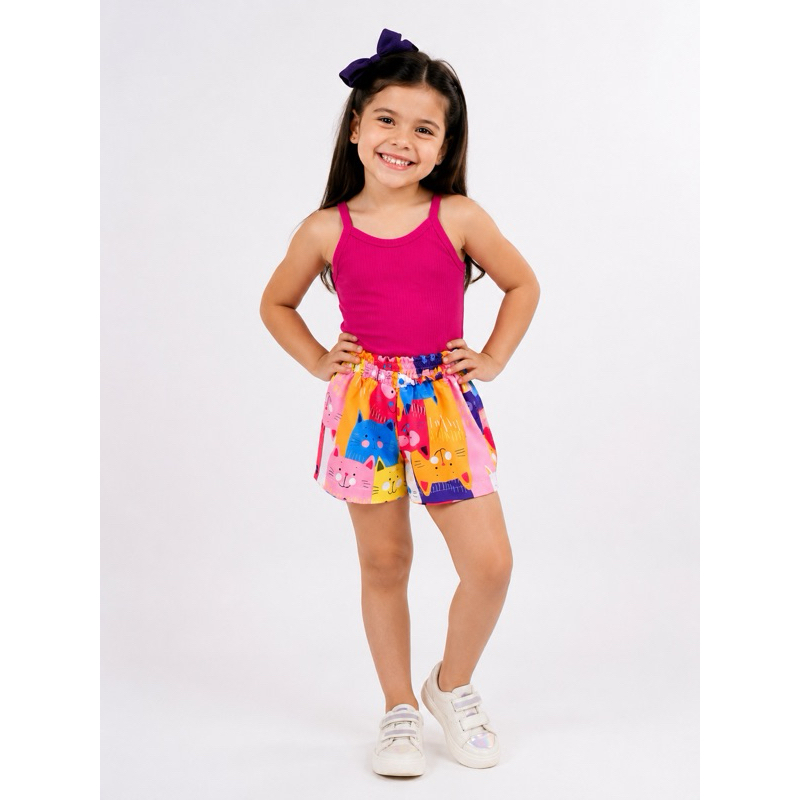 Conjunto verão menina, Conjunto Infantil Feminino Menina Bermuda Estampada + Blusa Canelada Menegotti 2 a 10 Anos