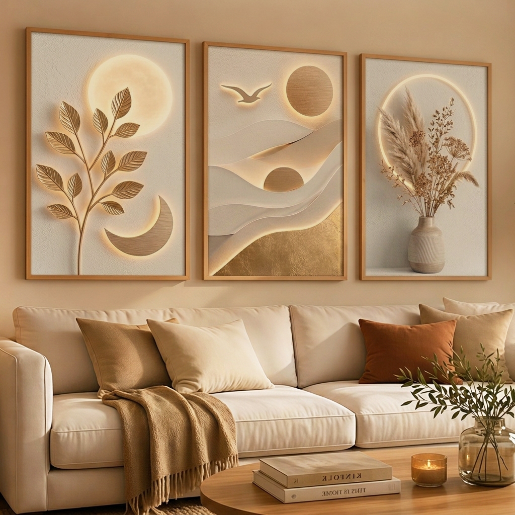 Kit 3 Quadros Arte Floral 3D Dourado Premium Decoração Sala De Estar Moderna Elegante Luxo