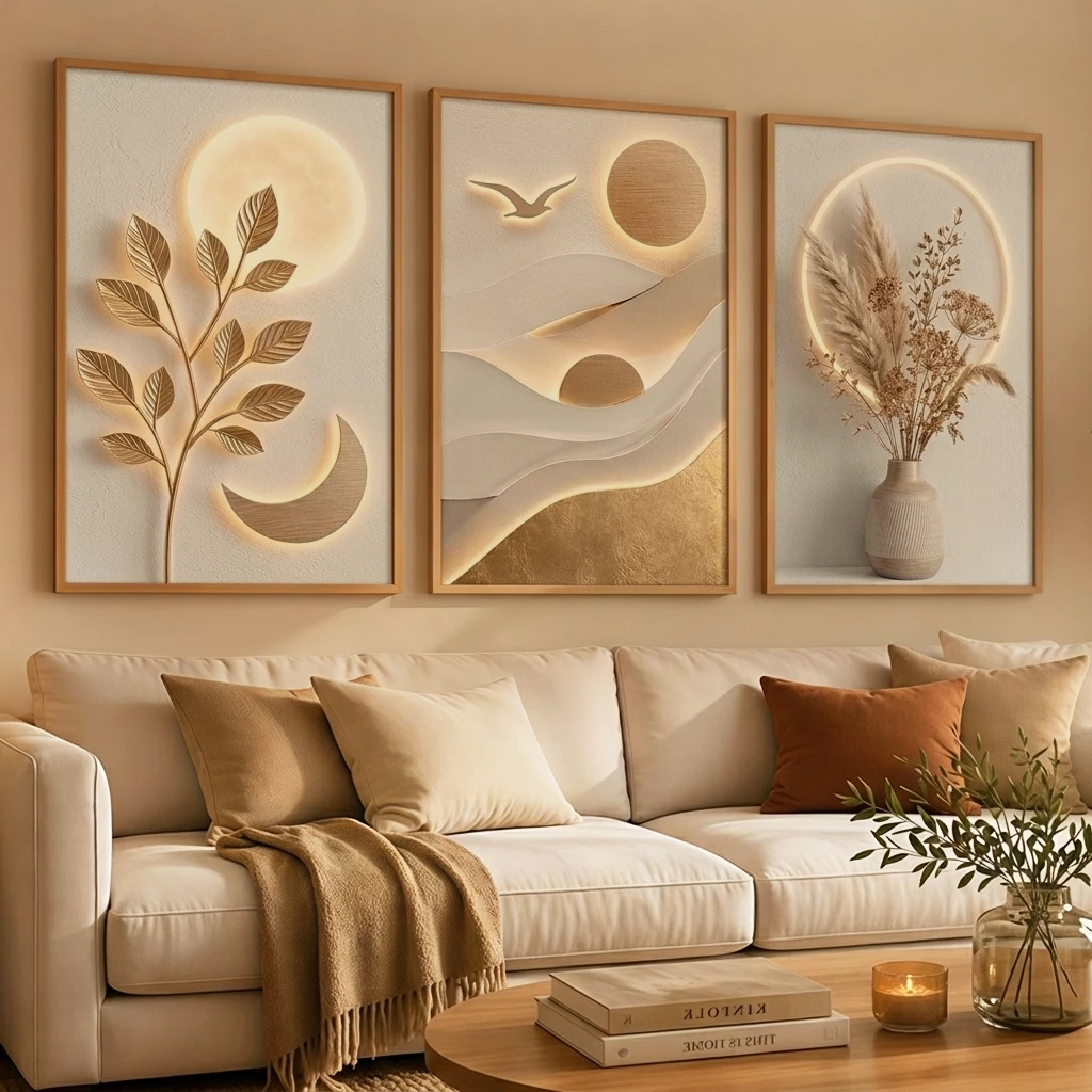 Kit 3 Quadros Arte Floral 3D Dourado Premium Decoração Sala De Estar Moderna Elegante Luxo