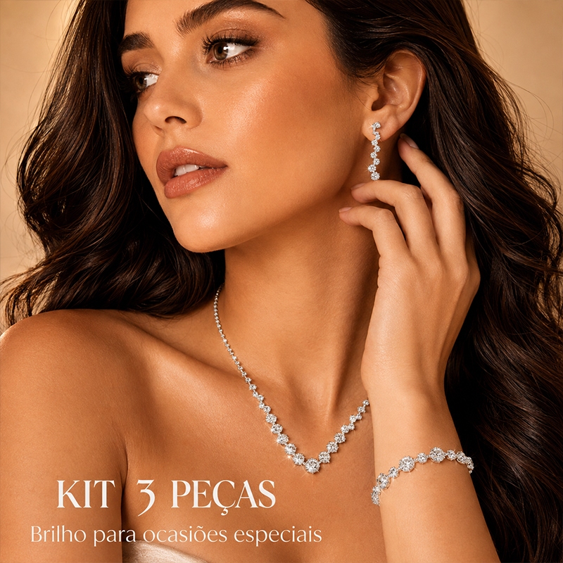 Conjunto Colar Brinco Pulseira Zircônia Diamante Corrente Garra 3 Peças Prata Banhado Ouro Cristal Luxo Elegante — imagem 2 de 2