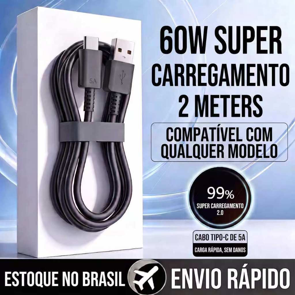 Cabo USB para Tipo‑C 2 Metros Carregamento Rápido Revestimento PVC Resistente