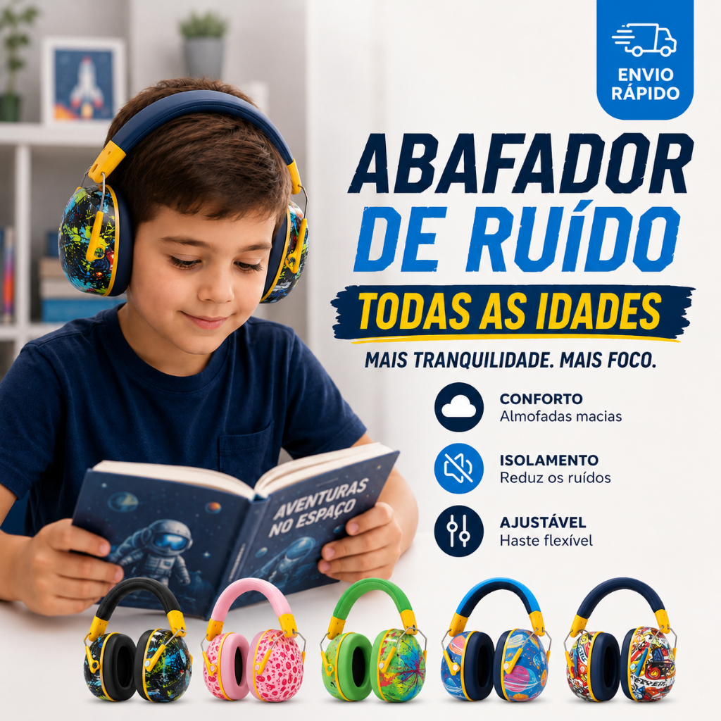 Abafador de Ruído Infantil Adulto Protetor Auricular Autismo TDAH Ajustável Tipo Concha Estudo Viagem Sensorial