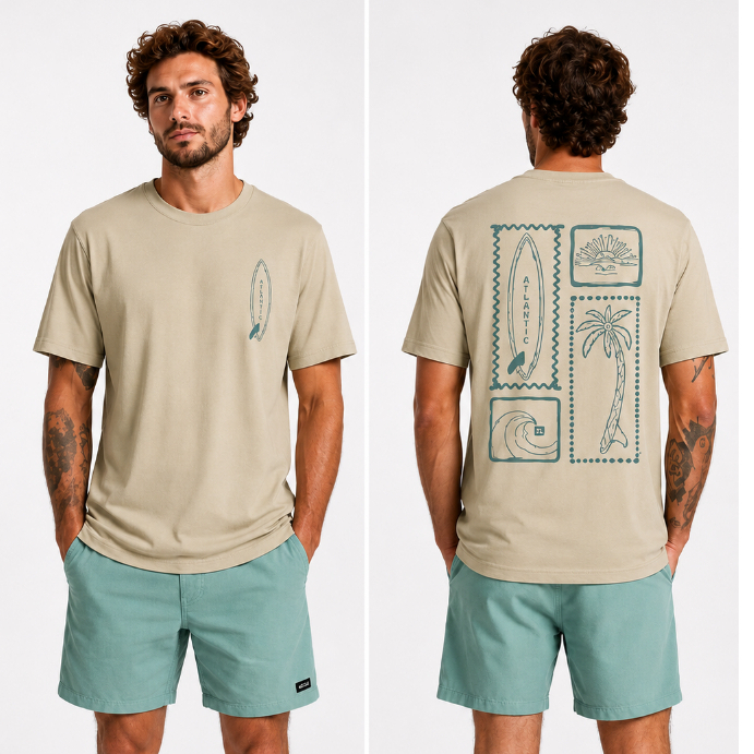 Camiseta Masculina 100% Algodão Estampada Surf Praia Atlantic Confortável Casual Premium Verão Streetwear Oversized