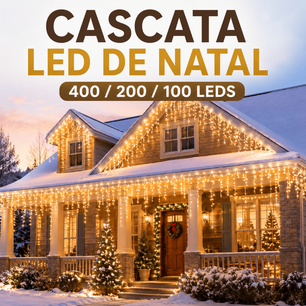 Cascata Natal 200/400 Lâmpadas LED Fixo ou Com 8 funções Pisca Pisca V8 Branco Amarelo Colorido Azul