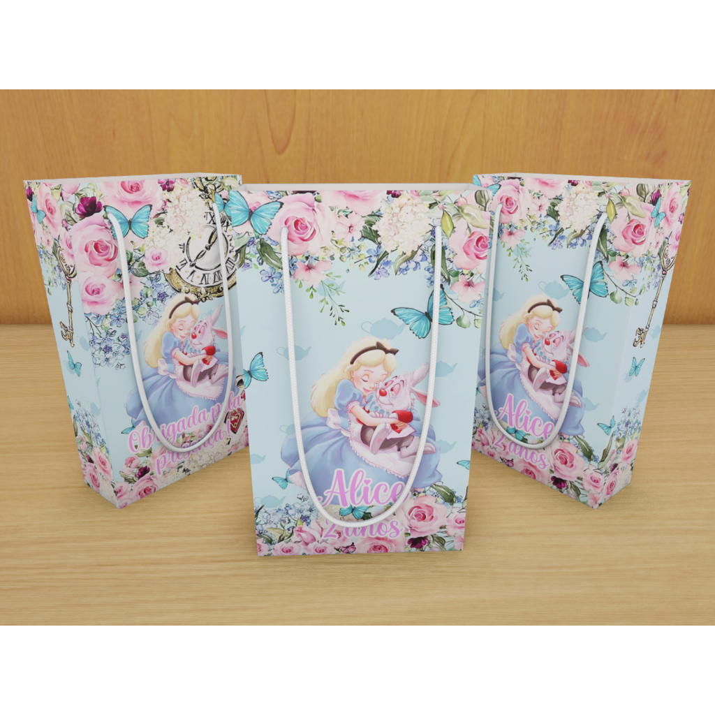 Kit Sacolinha Surpresa Personalizada Alice no País das Maravilhas - 17x10x4cm - Papel Offset Fosco 180g