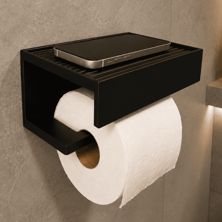 Porta Papel Higiênico Minimalista com Prateleira Suporte Celular Adesivo Já Aplicado