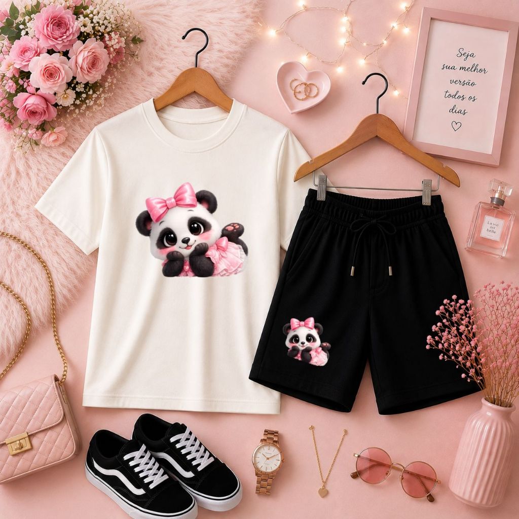 Conjunto Menina Infantil Lookinho do Dia Camiseta Básica + Short de Moletom Estiloso Estampa de Panda Super Delicada