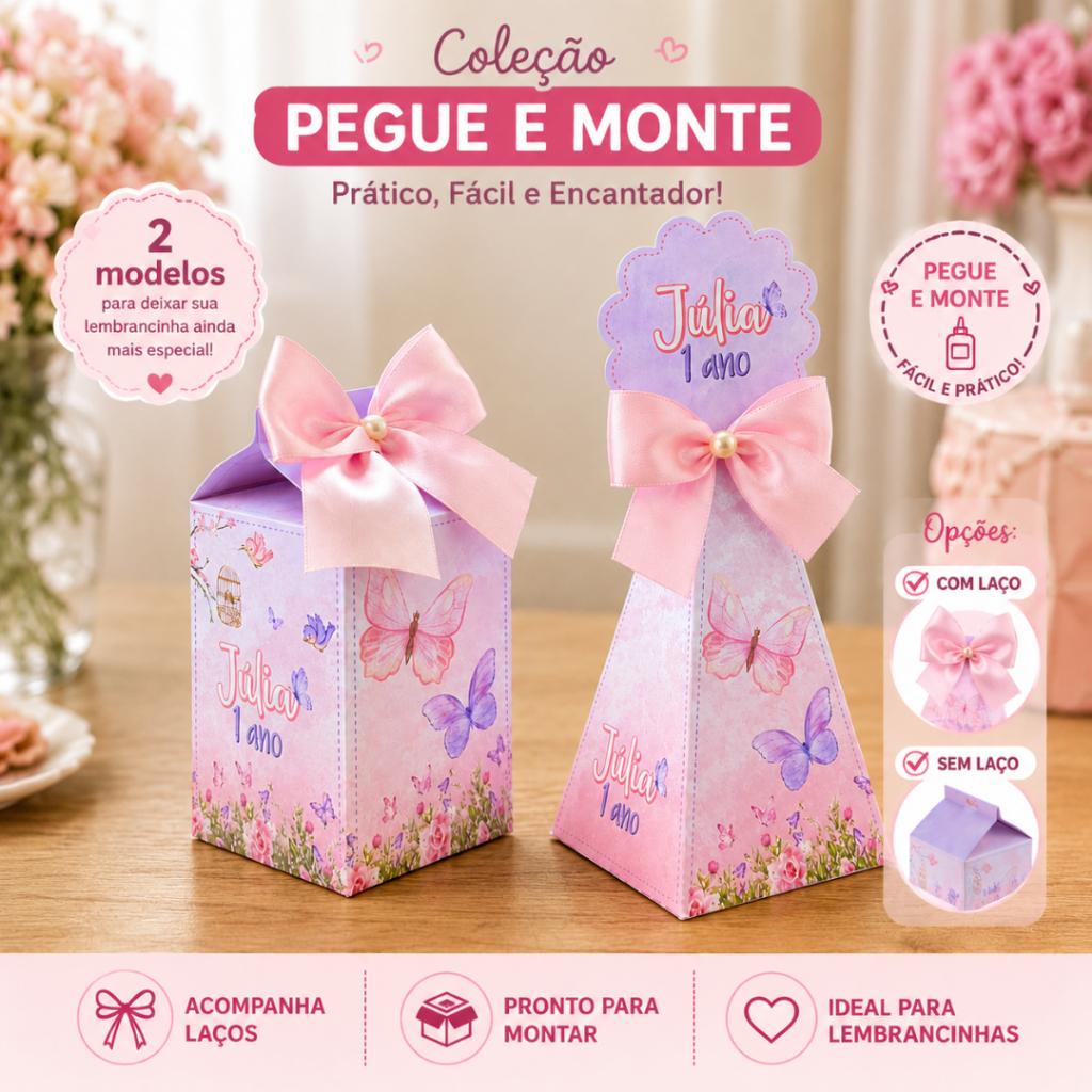 Kit Lembrancinha Jardim encantado das Borboletas Caixa Milk e Pirâmide Personalizado | Festa Infantil