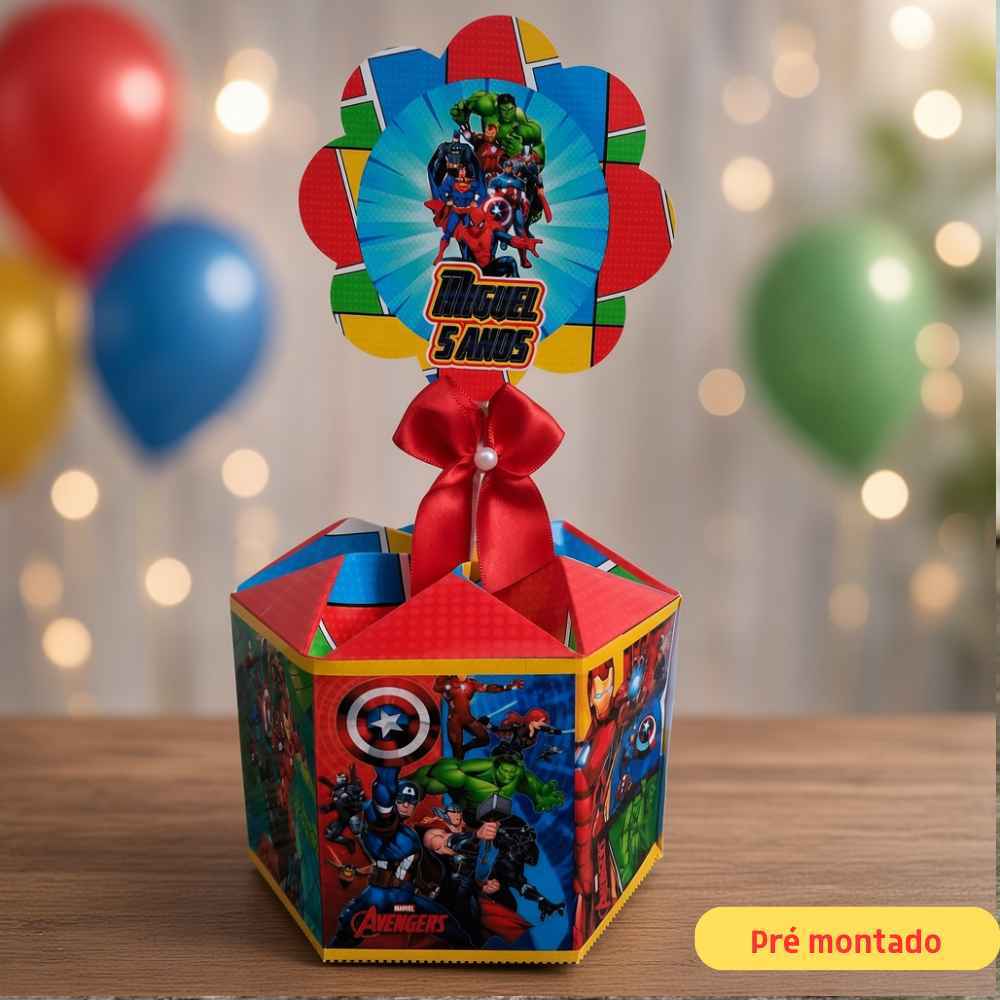 Centro de Mesa Vingadores. Arranjo c/Laço+Plaquinha .Cachepô  Enfeite Personalizado Lembrancinha