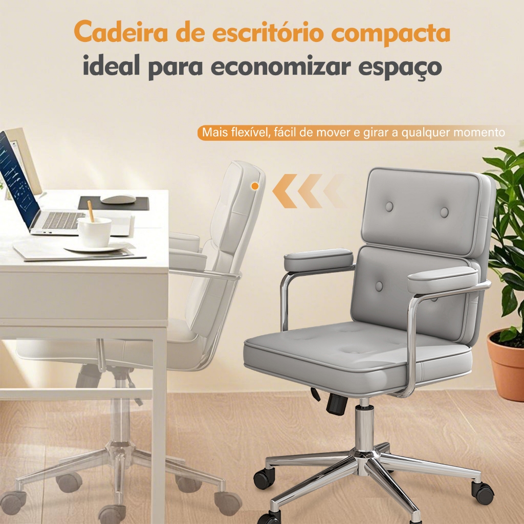 Cadeira de Escritório Giratória Ergonômica com Apoio Lombar — Couro Marrom, 360°, Altura Ajustável, Compacta · foto 2