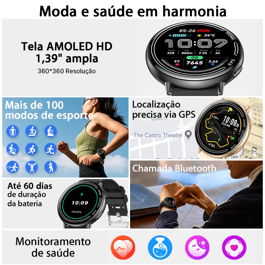 Smartwatch WGP GPS Integrado Tela AMOLED 1,39" Chamada Bluetooth Compatível Strava 100+ Esportivos IP68 à Prova de água — imagem 2 de 2