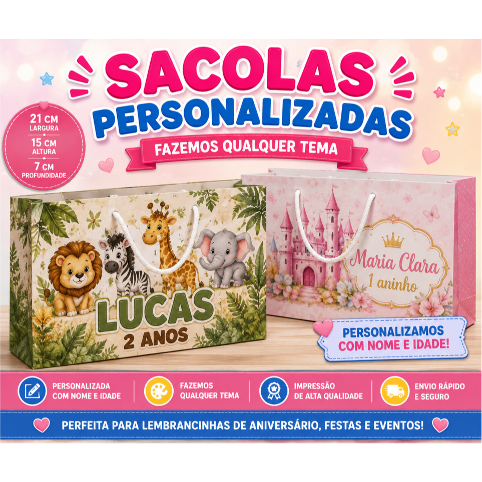 Sacola Personalizada 21x15x7cm com Nome e Idade | Lembrancinha Aniversário | Qualquer Tema