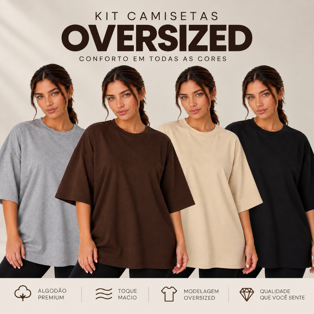 Kit Camisetas Oversized Feminina 2 3 ou 4 Peças Blusa Streetwear 100% Algodão Malha Penteada Básica Manga Curta