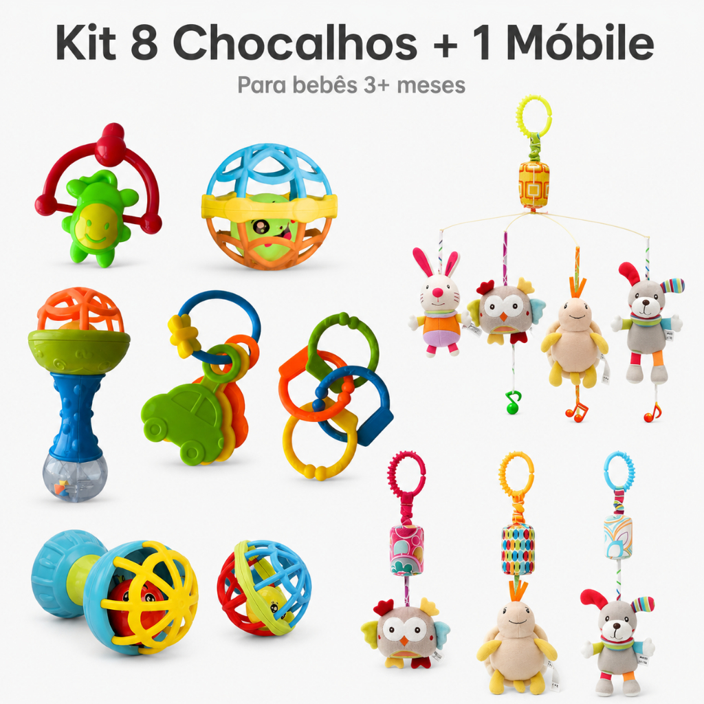 Kit 8 Chocalhos Mordedor + Móbile Pelúcia Macio Brinquedo Sensorial Para Estimulo de Bebê