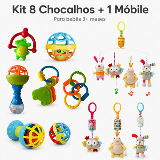 Kit 8 Chocalhos Mordedor + Móbile Pelúcia Macio Brinquedo Sensorial Para Estimulo de Bebê