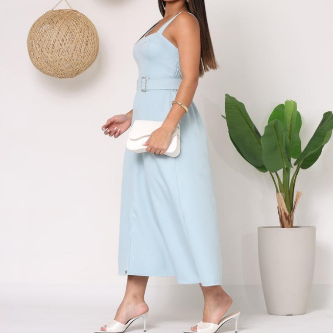 Vestido Feminino Alfaiataria Midi Alça Elastex Fenda Frontal Elegante Luxo Confortável Casual Social