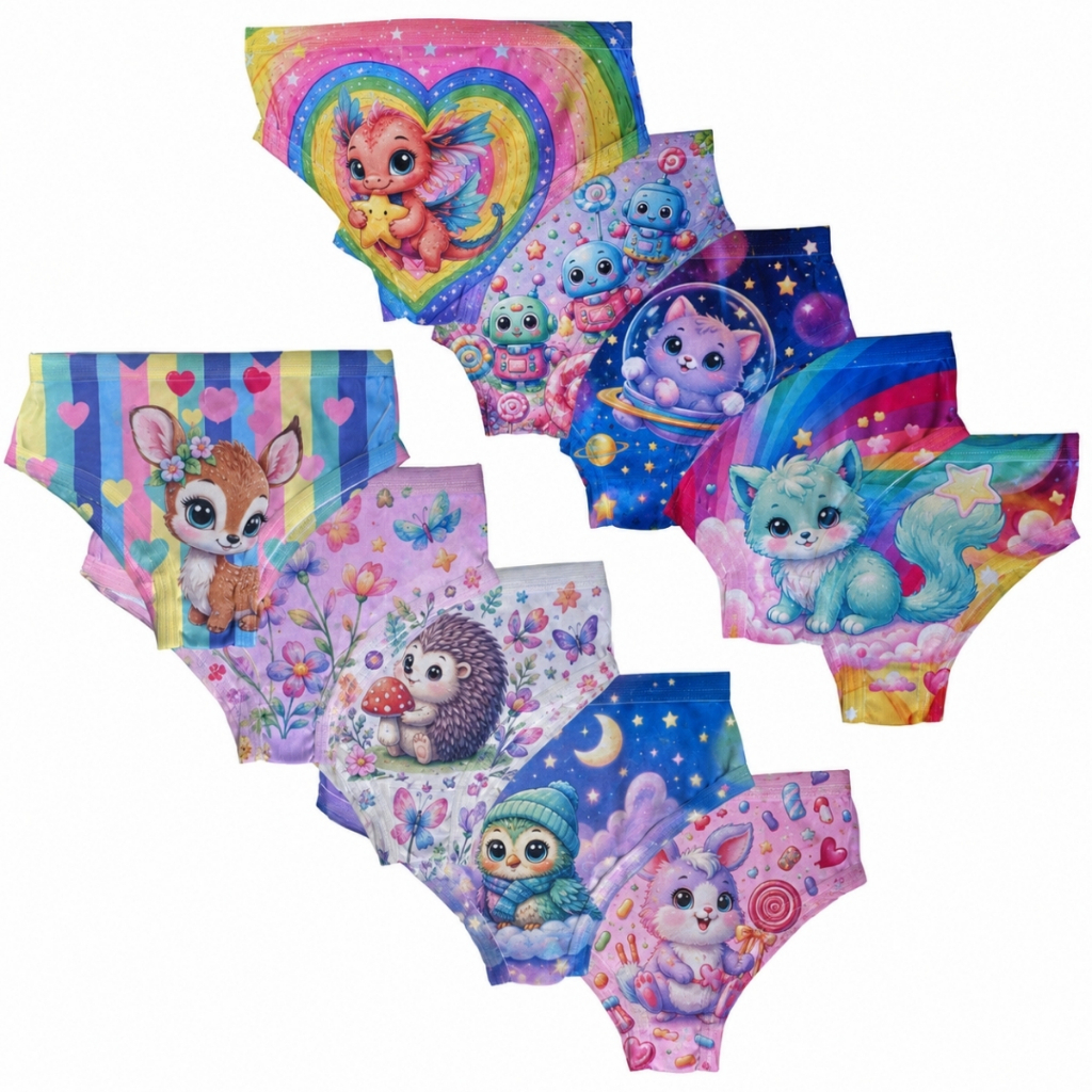 Kit 7 ou 10 Calcinhas Infantis para Meninas com Personagens Sublimadas Estampadas Confortáveis