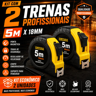 Trena De Aço Emborrachada Profissional - Com 5 Metros - Kit C/2 Unidades