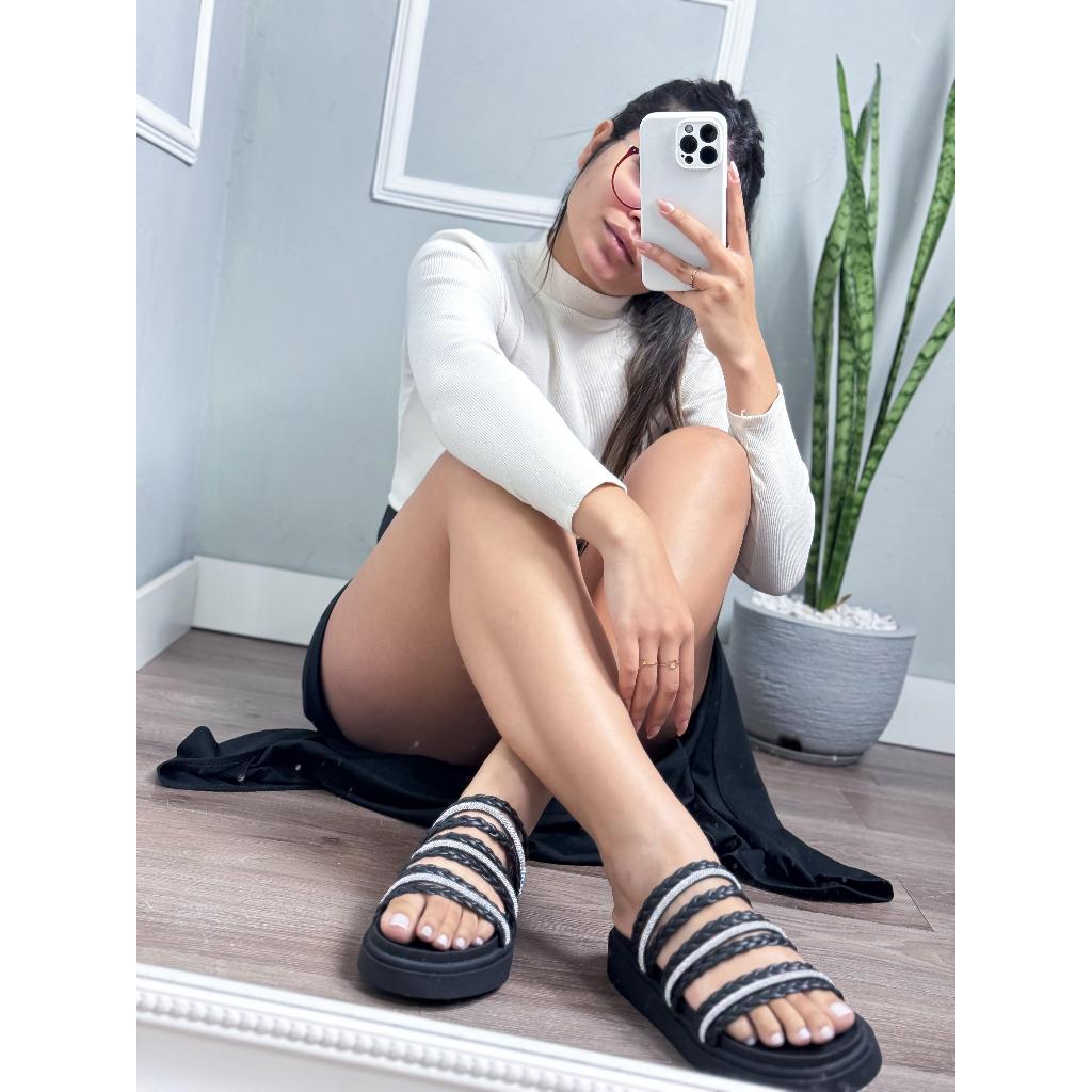 Sandália  Papete Feminina, Confortável com brilho e fivela ajustável