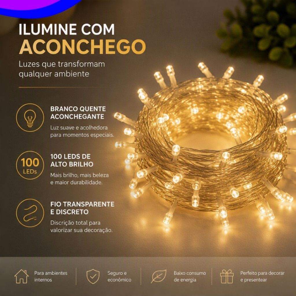 100 Leds Pisca Pisca Fio Transparente Natalino 127V Decorativo Multicolorido