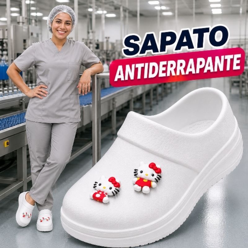Sapato Fechado Produção geral Serviço Profissional EPI Hello kitty Feminino Eva Antiderrapante Macio (Nr-32 Hello kitty)