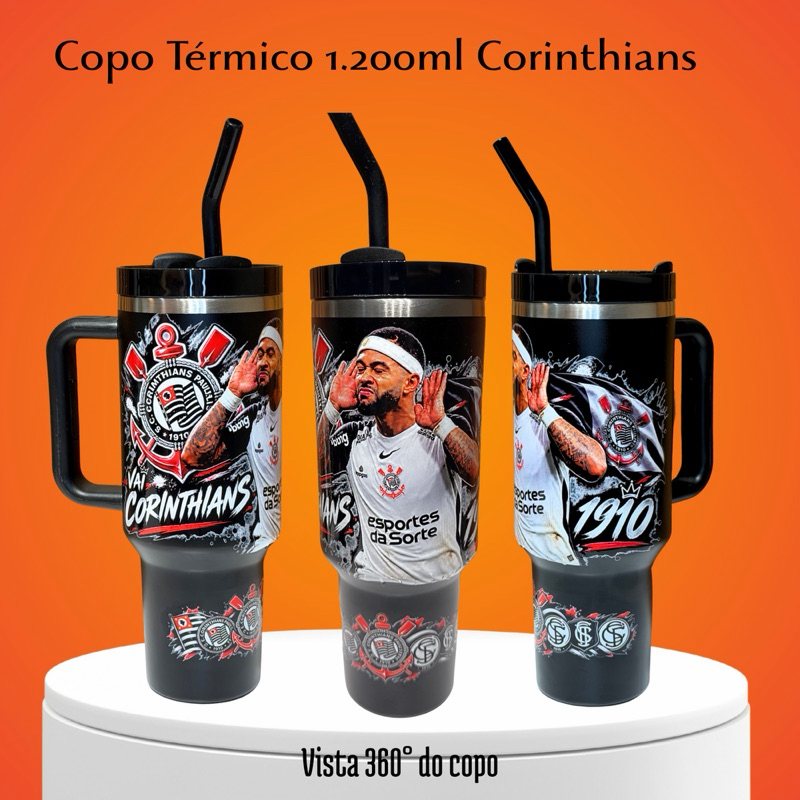 Garrafa Térmica de Água 1,2L Corinthians com Canudo e Alça | Garrafa Inox Térmica | Academia e Trabalho