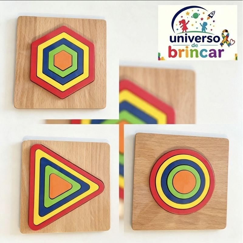 Brinquedo Montessori Formas Geométricas de Madeira Coloridas Encaixe Educativo Infantil - Triangulo | Circulo | Hexagono