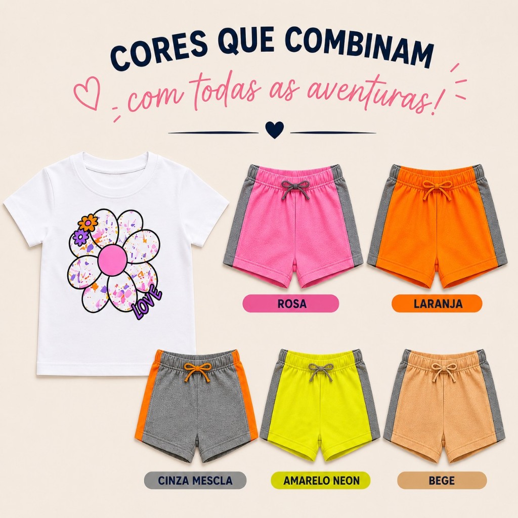 Conjunto Infantil Feminino Camiseta e Short Moletinho Flor Casual Verão Menina 2 a 14 Anos
