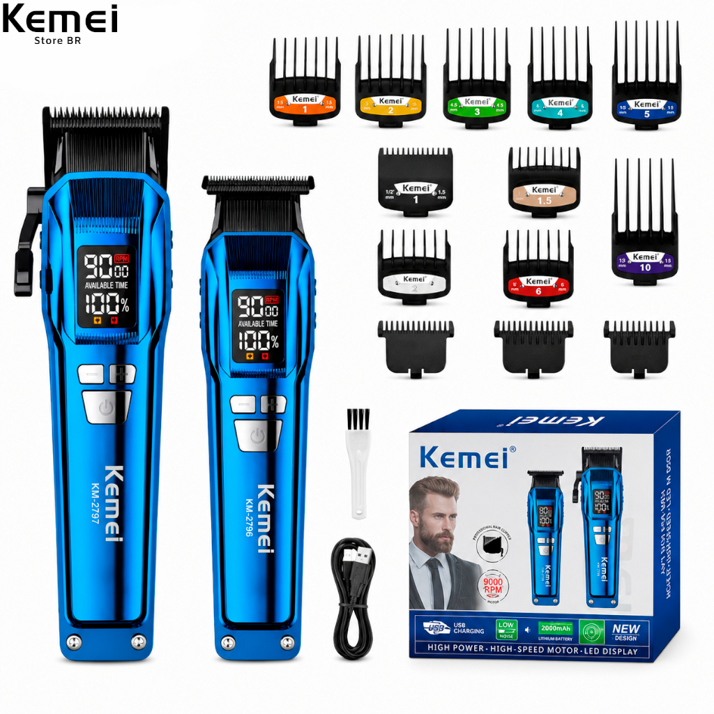 Kemei 2797 9000RPM Conjunto de máquina de cortar cabelo sem fio DLC Máquina de corte de cabelo elétrica