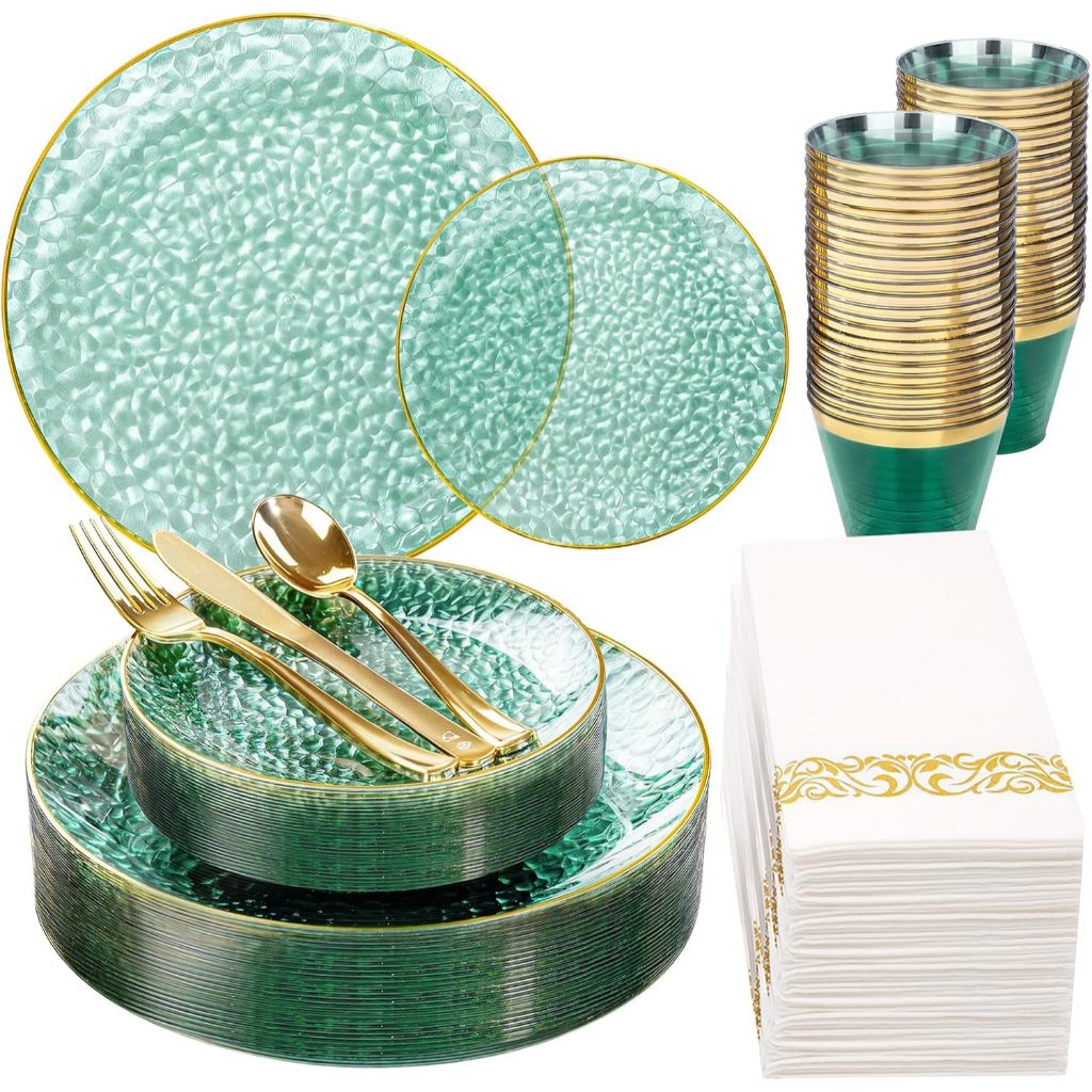 Kit 175 Itens Completo festa descartável Verde Dourado para 25 convidados, casamento e aniversário