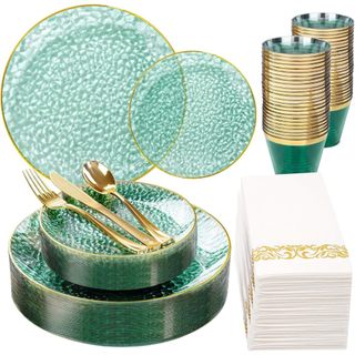 Kit 175 Itens Completo festa descartável Verde Dourado para 25 convidados, casamento e aniversário