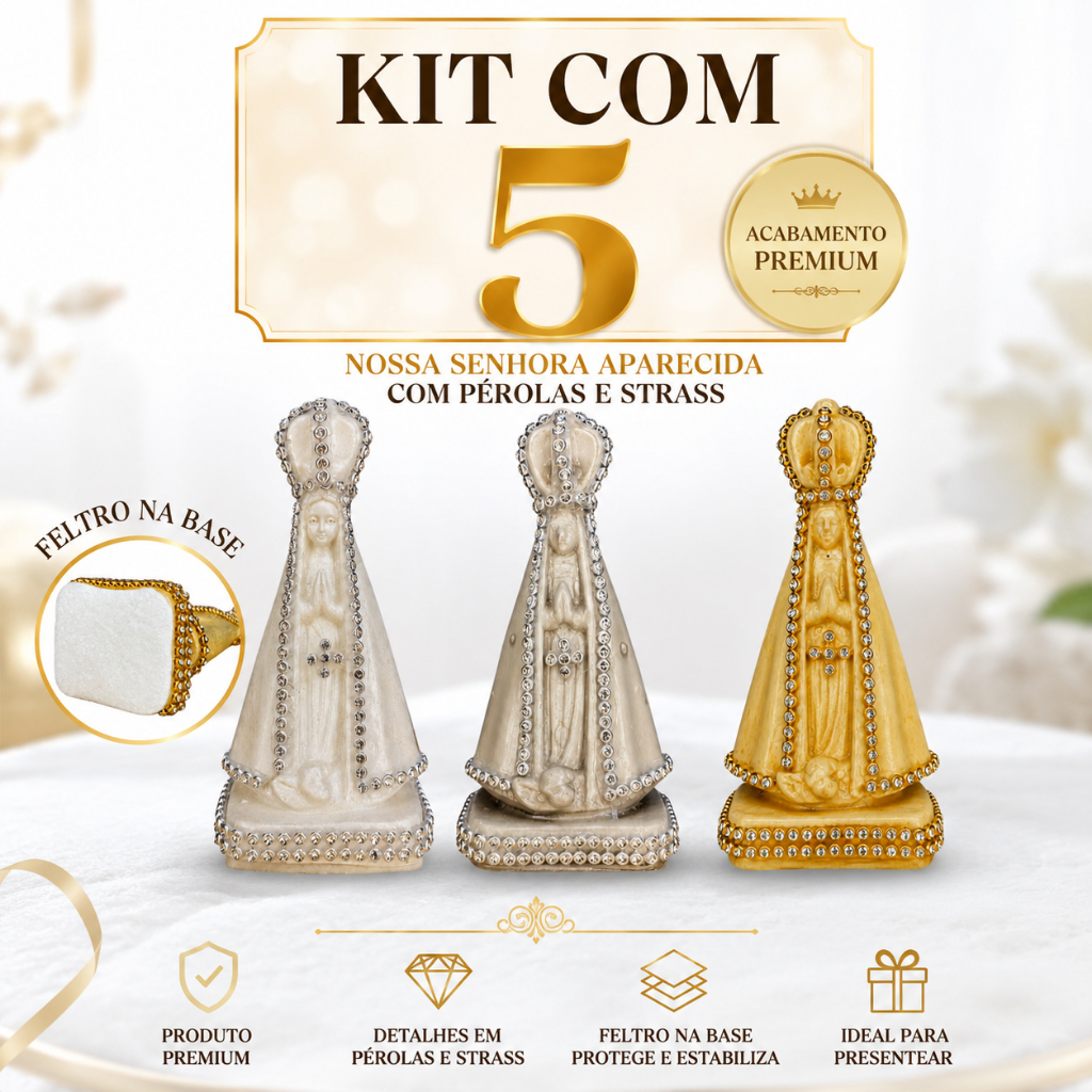 Kit 5 Imagem Nossa Senhora Aparecida 10cm Branca Cinza Dourada com Strass e Feltro