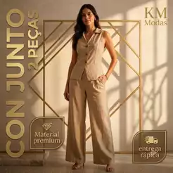 CONJUNTO FEMININO GOLA ELEGANTE CALÇA PANTALONA + BLUSA COLETE BOTÕES FUNCIONAL TECIDO MARRANT ELEGANTE CHIC